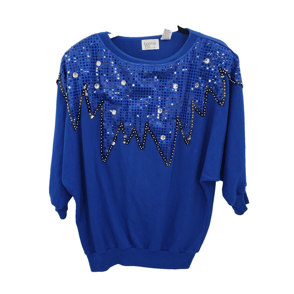 Vintage 80's Bling Sweatshirt Womens Large Blue Sequin Rhinestones Dolman Sleeve - Picture 1 of 13